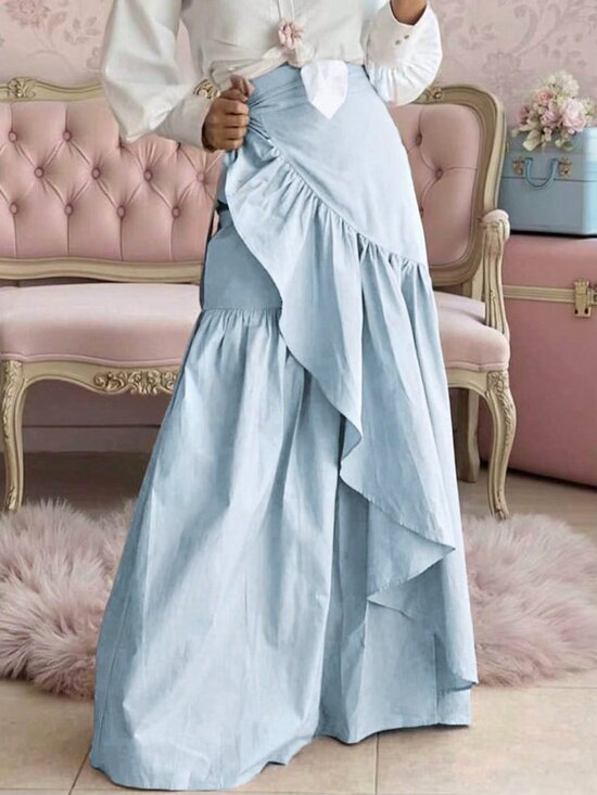 Dresses & Skirts - Blue Casual Women's Flared Pleated Long Skirt Tie-Up